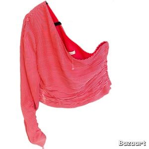 The East Order One Shoulder Long Sleeve Crop Top Red & White Stripe Chiffon S